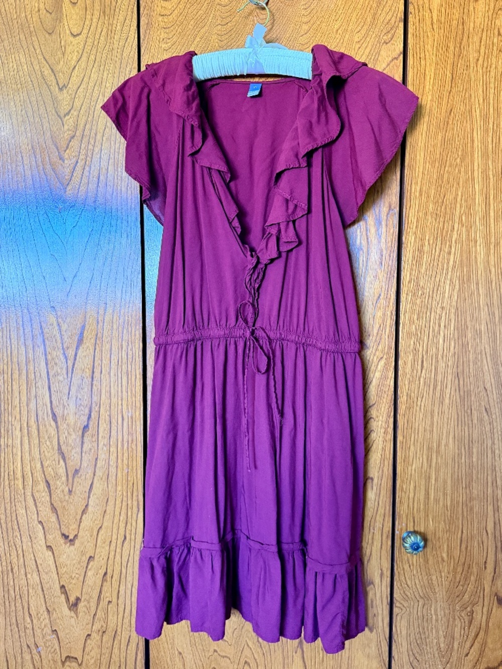 Old Navy Burgundy Satiny Ruffle Above Knee Dress Women's XL Pockets